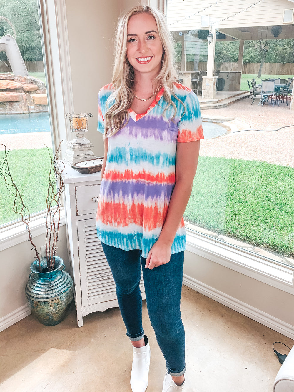 Keep Things Simple Tie Dye Stripe V Neck Tee in Mint, Coral, and Purple - Giddy Up Glamour Boutique