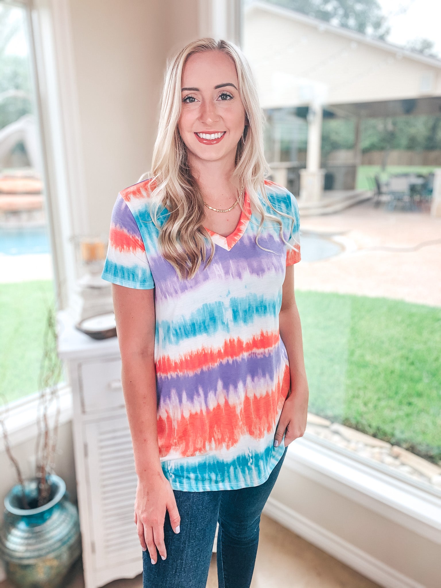 Keep Things Simple Tie Dye Stripe V Neck Tee in Mint, Coral, and Purple - Giddy Up Glamour Boutique