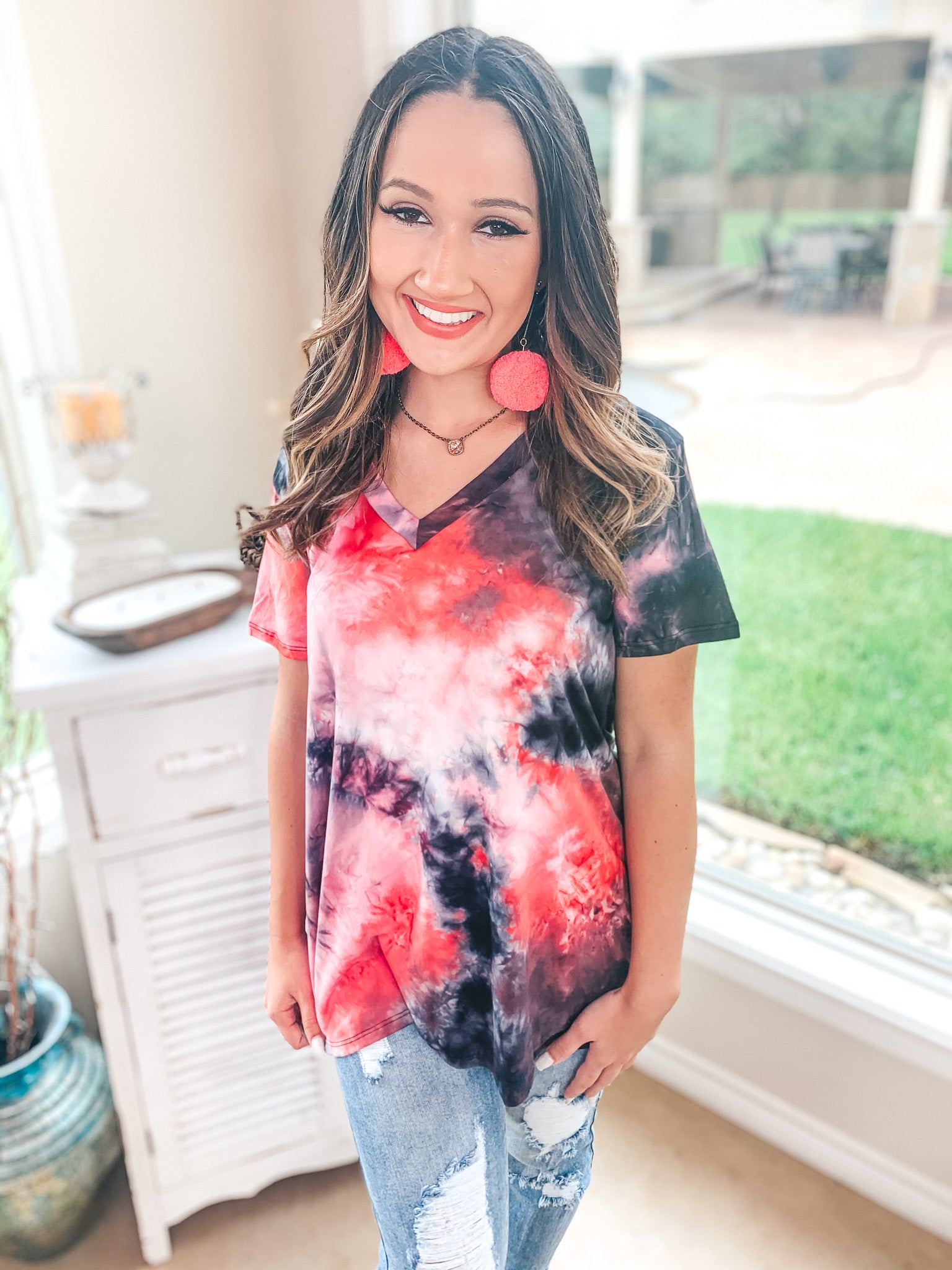 Last Chance Size S & M | Keep Things Simple Tie Dye V Neck Tee in Pink and Black - Giddy Up Glamour Boutique