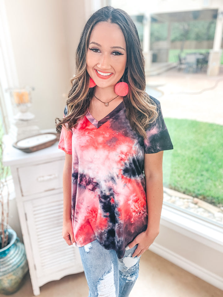 Last Chance Size S & M | Keep Things Simple Tie Dye V Neck Tee in Pink and Black - Giddy Up Glamour Boutique