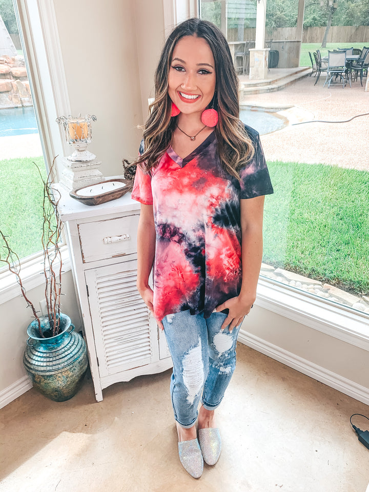 Last Chance Size S & M | Keep Things Simple Tie Dye V Neck Tee in Pink and Black - Giddy Up Glamour Boutique