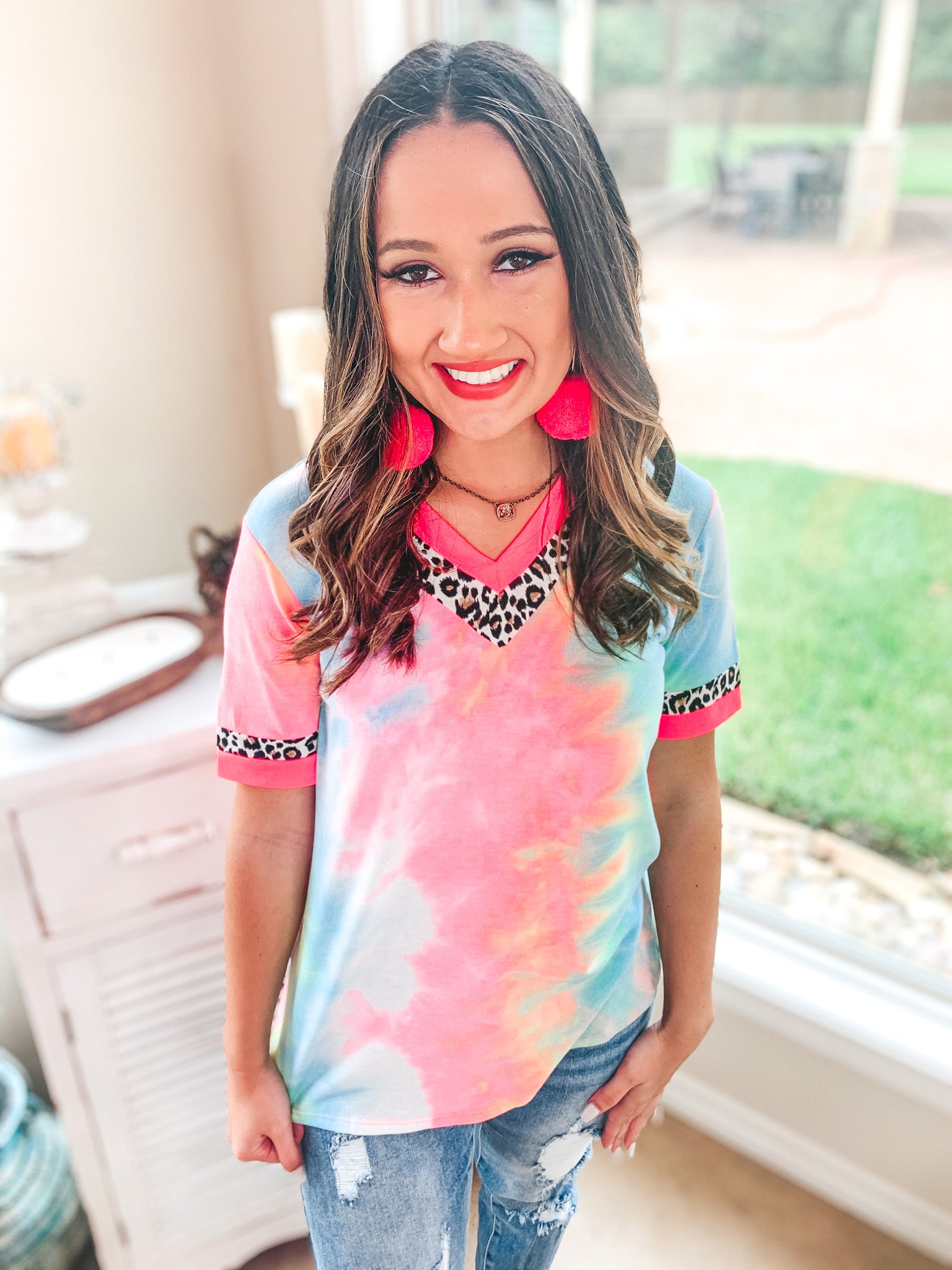 Last Chance Size Small | Easily Bright Neon Pink and Leopard Trim V Neck Top in Tie Dye - Giddy Up Glamour Boutique