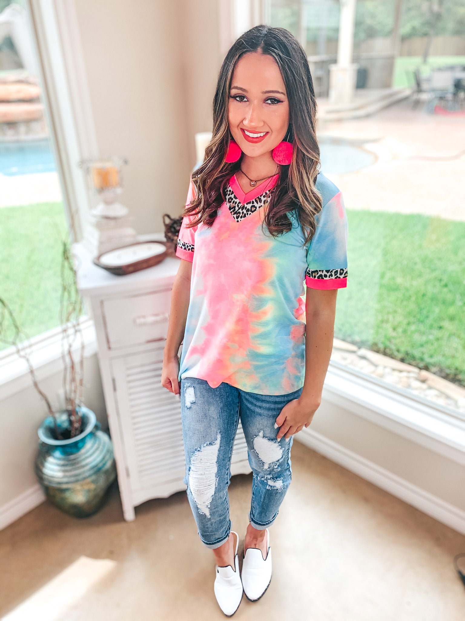 Last Chance Size Small | Easily Bright Neon Pink and Leopard Trim V Neck Top in Tie Dye - Giddy Up Glamour Boutique