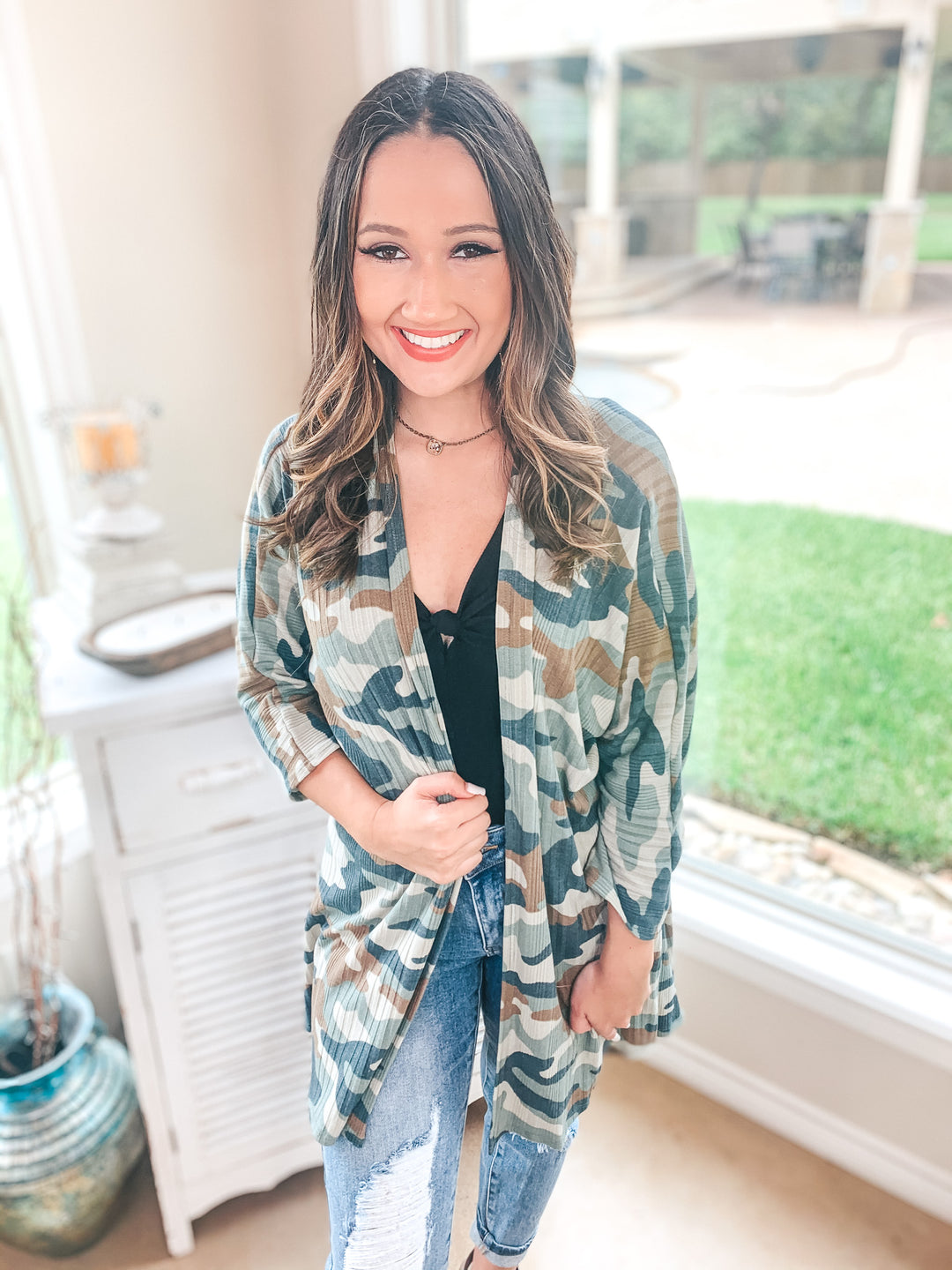 Last Chance Size Small | Don't Wait Up 3/4 Sleeve Open Front Cardigan in Camouflage - Giddy Up Glamour Boutique
