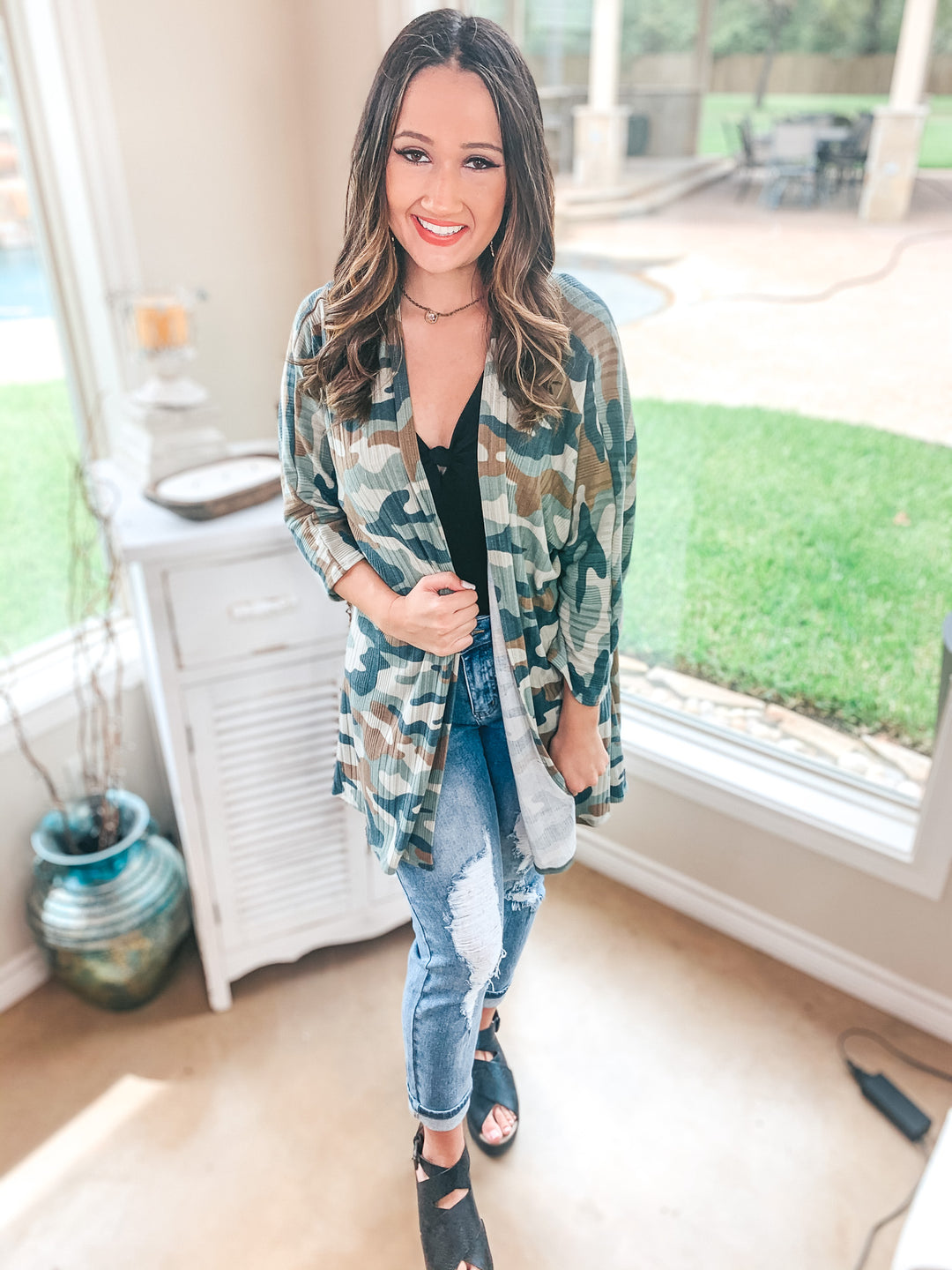 Last Chance Size Small | Don't Wait Up 3/4 Sleeve Open Front Cardigan in Camouflage - Giddy Up Glamour Boutique