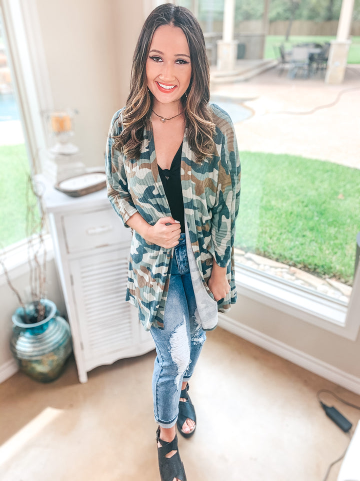 Last Chance Size Small | Don't Wait Up 3/4 Sleeve Open Front Cardigan in Camouflage - Giddy Up Glamour Boutique