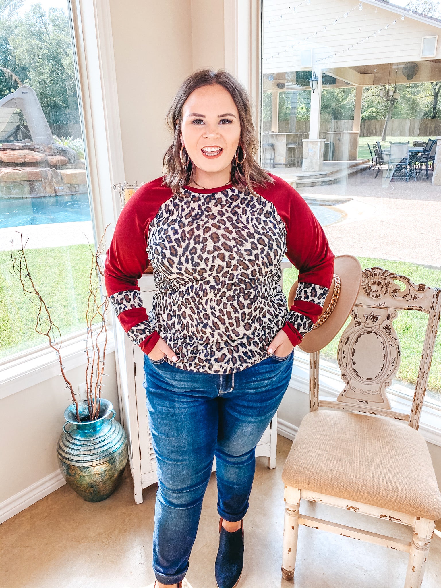 Earning Your Spots Leopard Long Sleeve Top with Color Block Sleeves in Maroon - Giddy Up Glamour Boutique