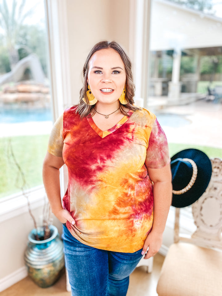 Last Chance Size Small & Med. | Keep Things Simple Tie Dye V Neck Tee in Maroon and Mustard - Giddy Up Glamour Boutique