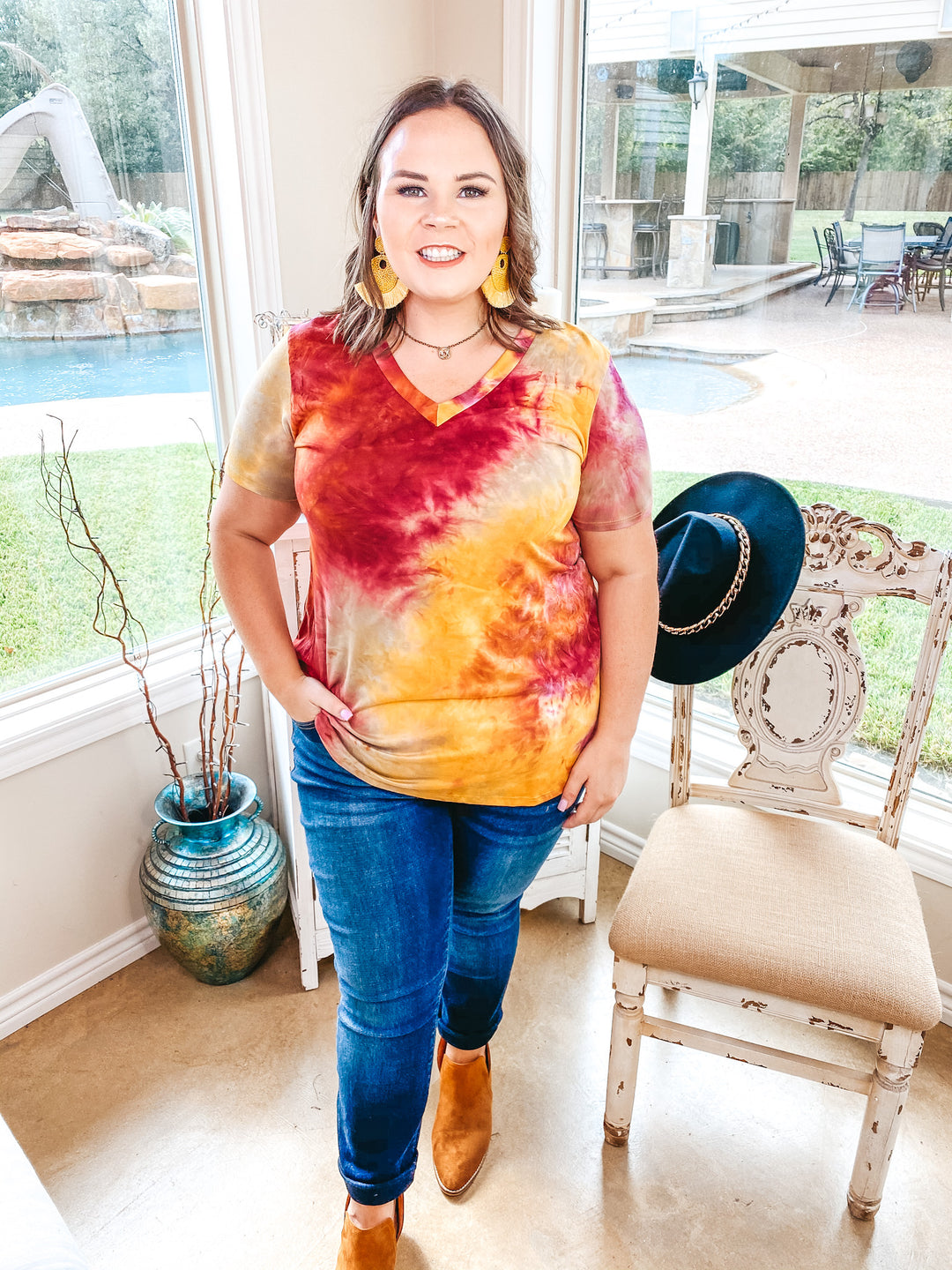 Last Chance Size Small & Med. | Keep Things Simple Tie Dye V Neck Tee in Maroon and Mustard - Giddy Up Glamour Boutique