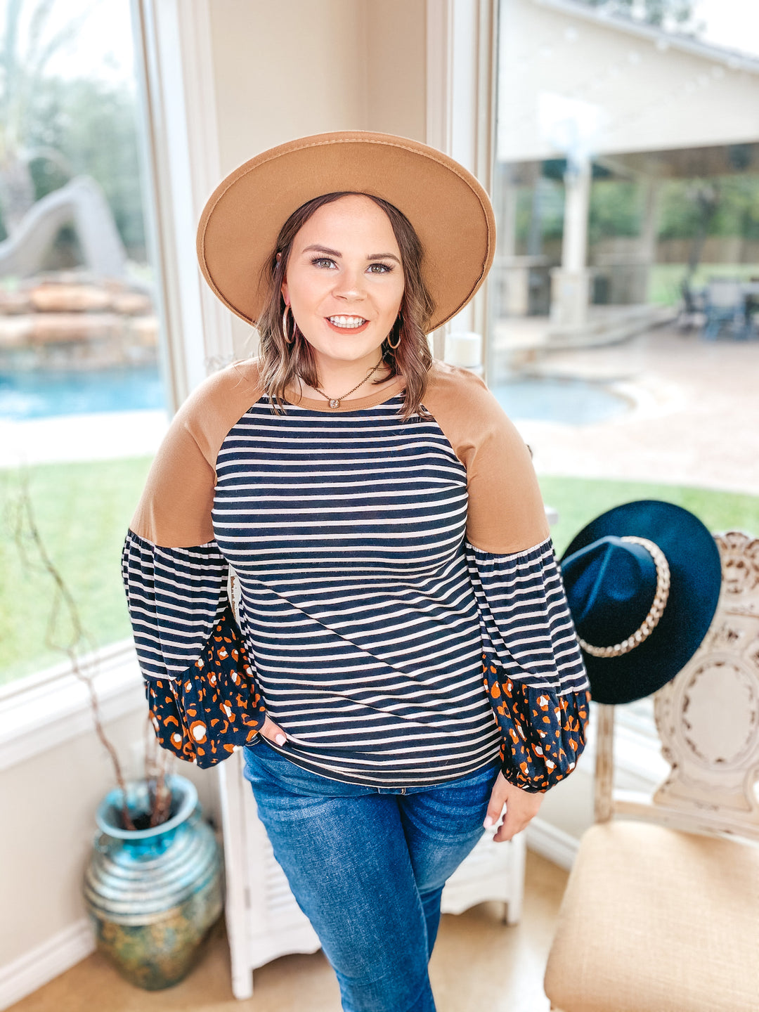 No Looking Back Striped Top with Multi Print Puff Sleeves in Black and Tan - Giddy Up Glamour Boutique