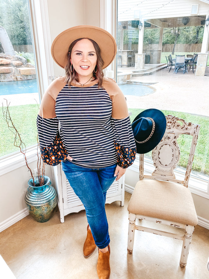 No Looking Back Striped Top with Multi Print Puff Sleeves in Black and Tan - Giddy Up Glamour Boutique