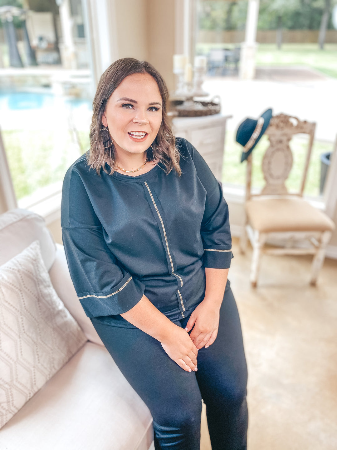 Last Chance Size Small & Med. | You've Got This Wide 3/4 Sleeve Top with Exposed Serged Seam in Black - Giddy Up Glamour Boutique