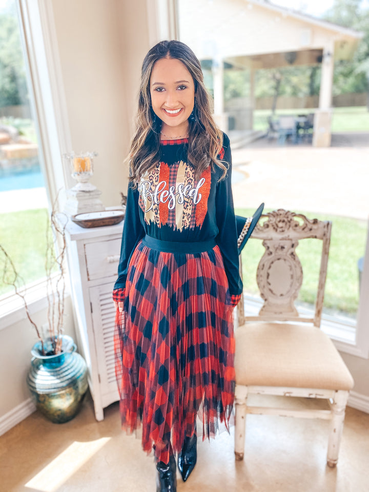 Blessed Mixed Pattern Graphic Tee with Buffalo Plaid Trim in Black - Giddy Up Glamour Boutique