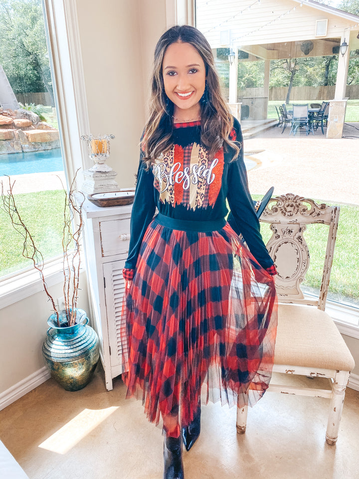 Blessed Mixed Pattern Graphic Tee with Buffalo Plaid Trim in Black - Giddy Up Glamour Boutique