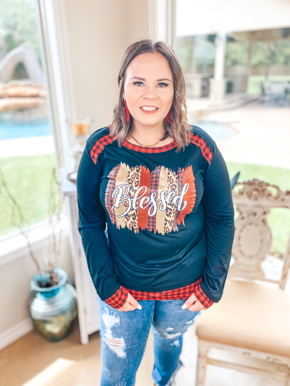 Blessed Mixed Pattern Graphic Tee with Buffalo Plaid Trim in Black - Giddy Up Glamour Boutique