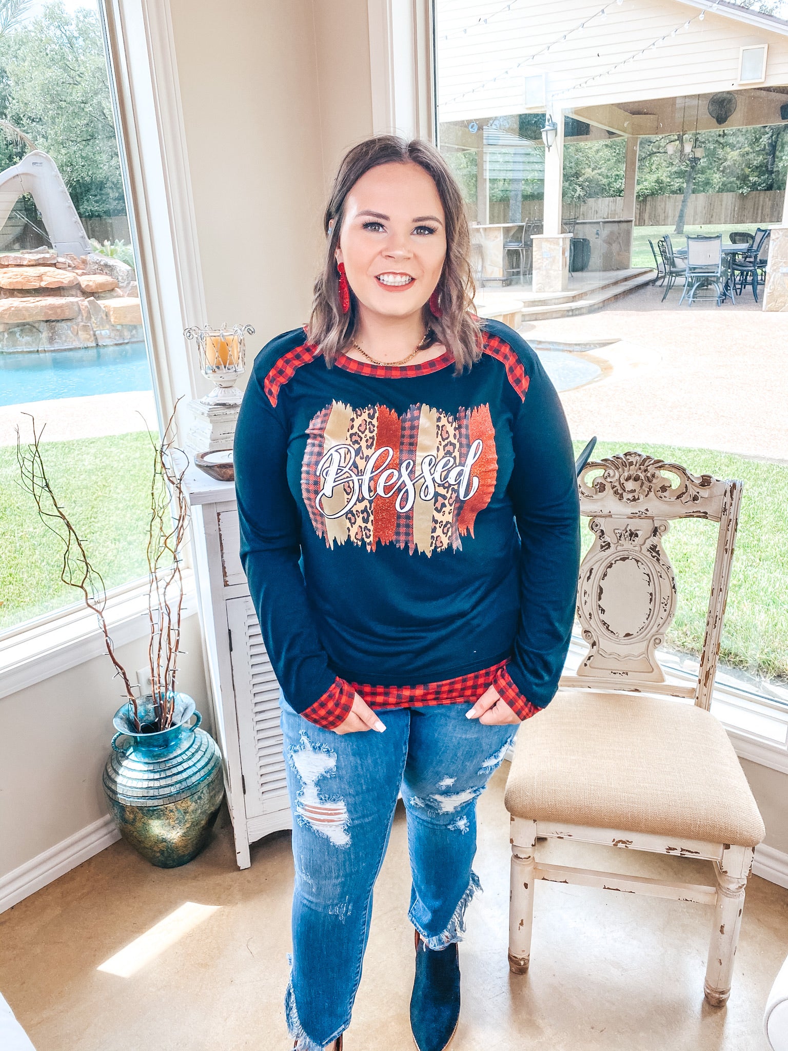 Blessed Mixed Pattern Graphic Tee with Buffalo Plaid Trim in Black - Giddy Up Glamour Boutique