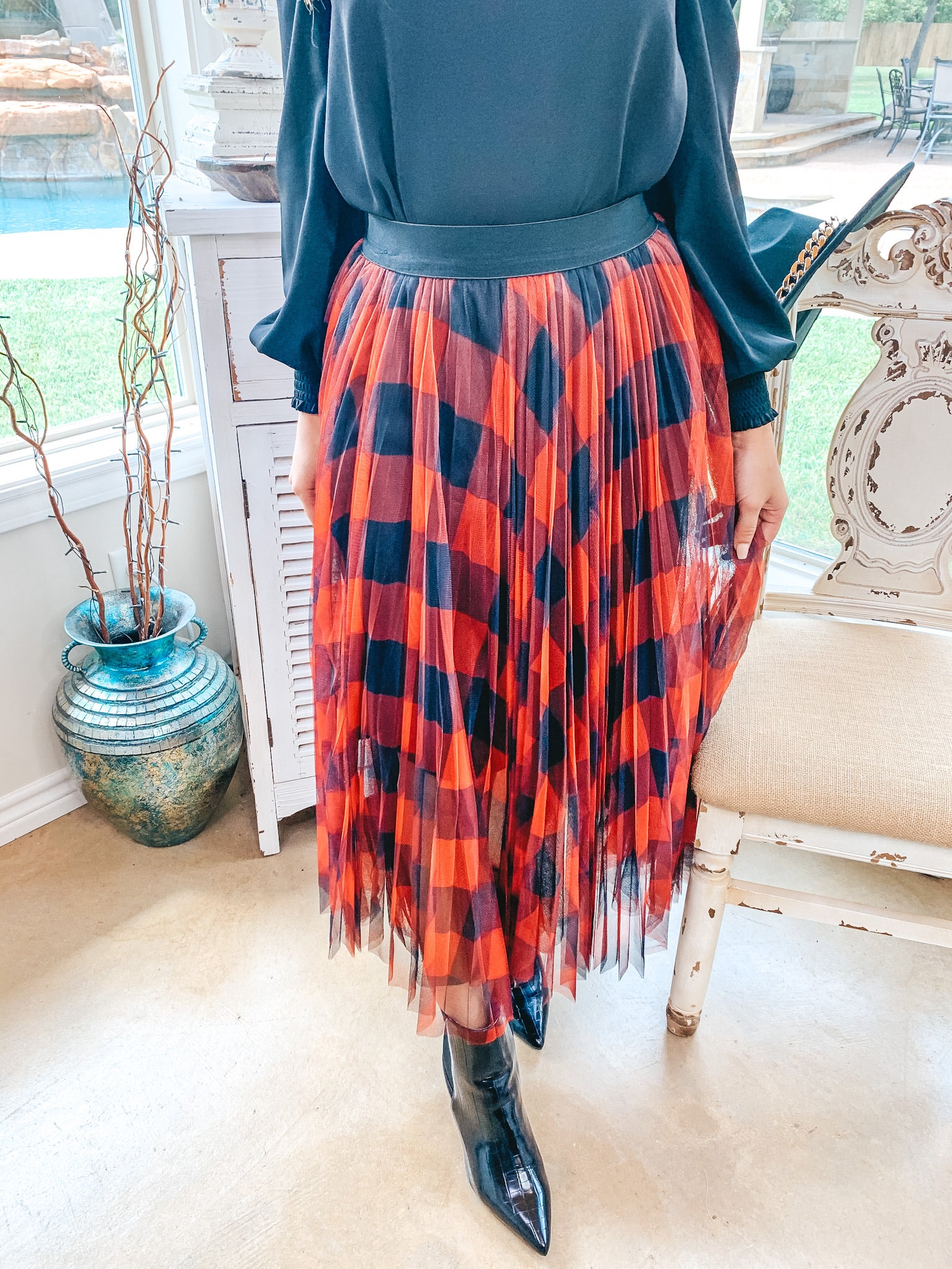 Seasonal Wishes Buffalo Plaid Pleated Tulle Maxi Skirt in Red and Black - Giddy Up Glamour Boutique