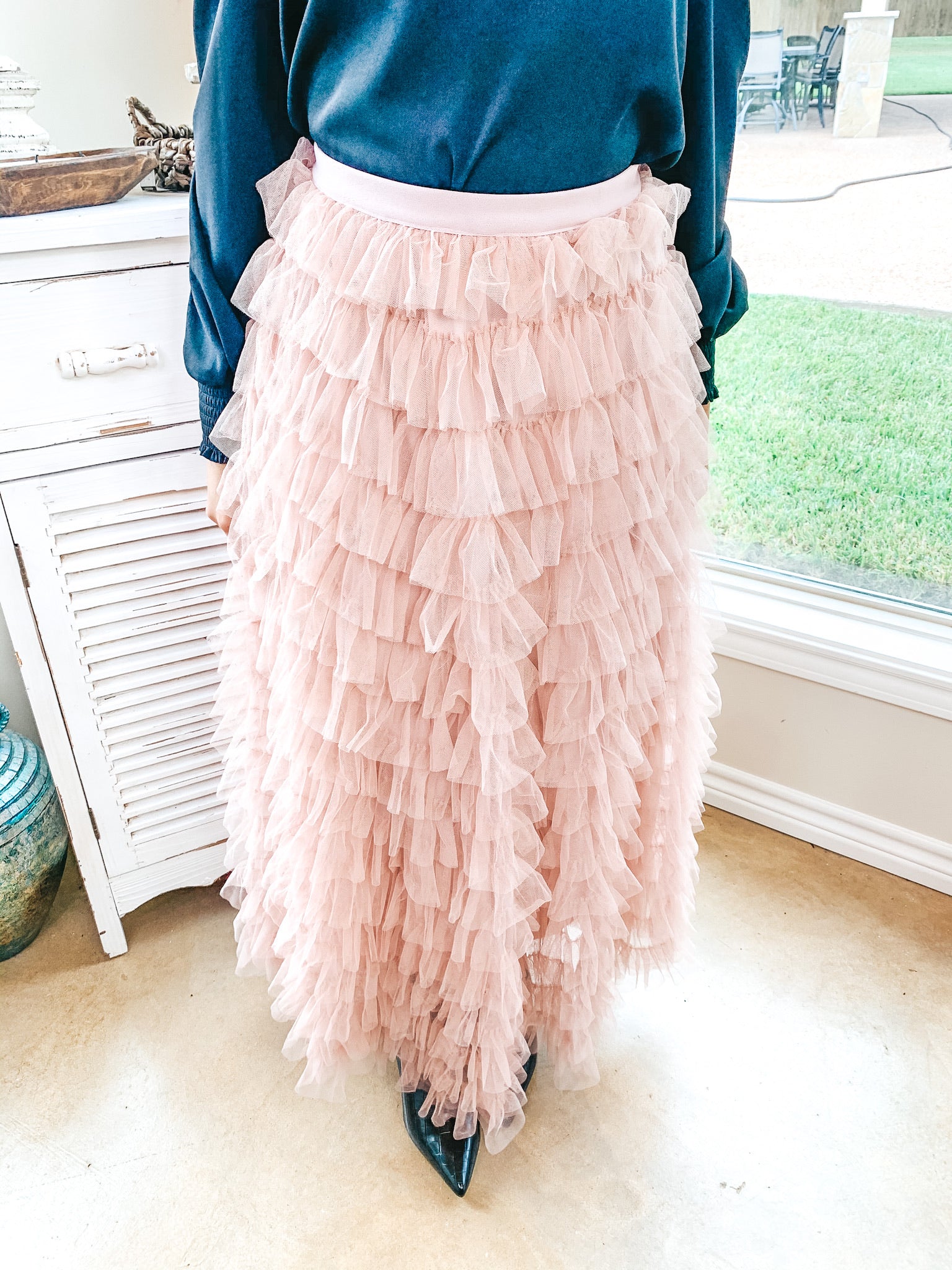 Warm Wishes Ruffle Tulle Maxi Skirt in Blush Pink