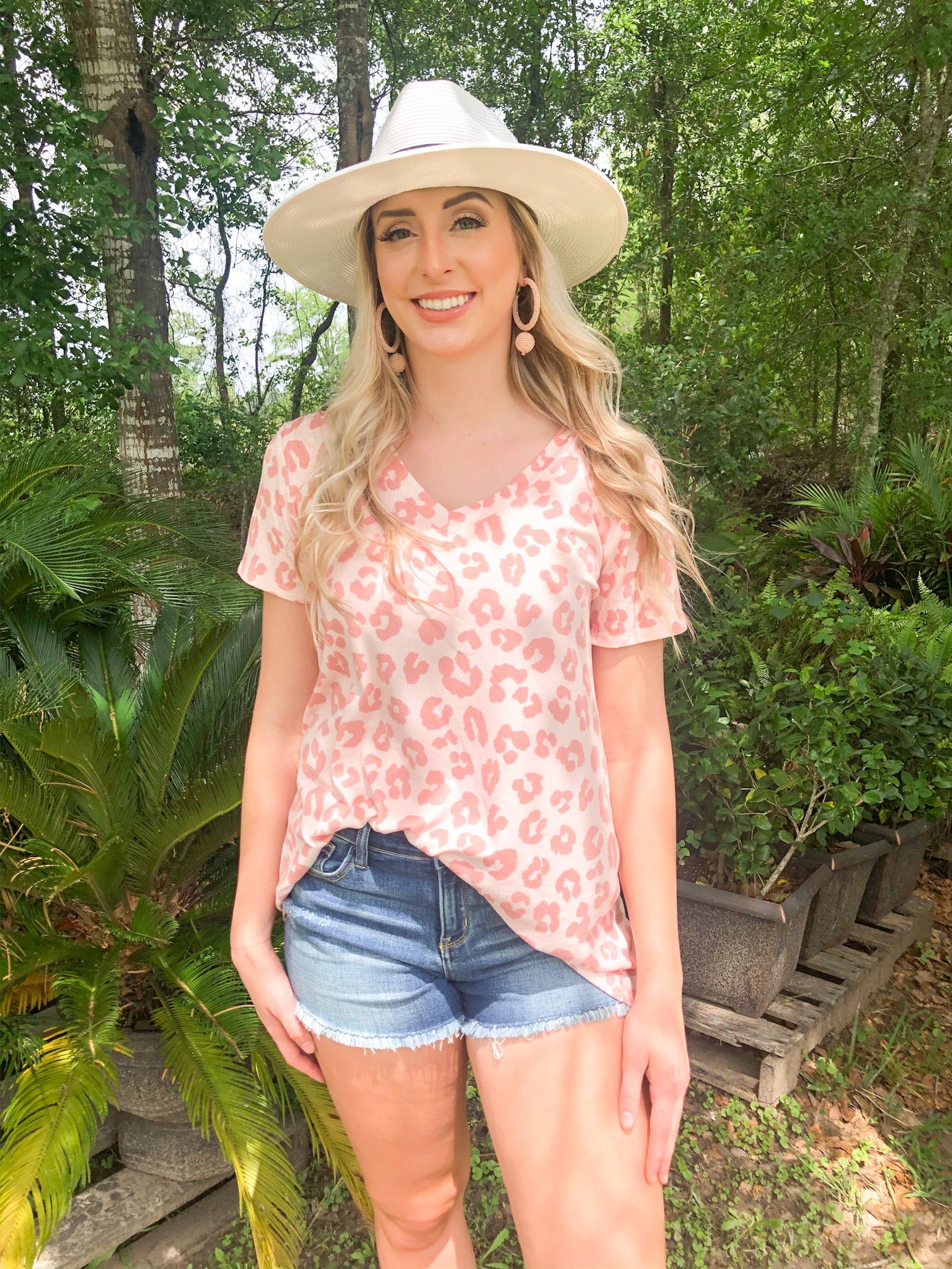 Keep Things Simple Leopard V Neck Tee Shirt in Blush Pink - Giddy Up Glamour Boutique