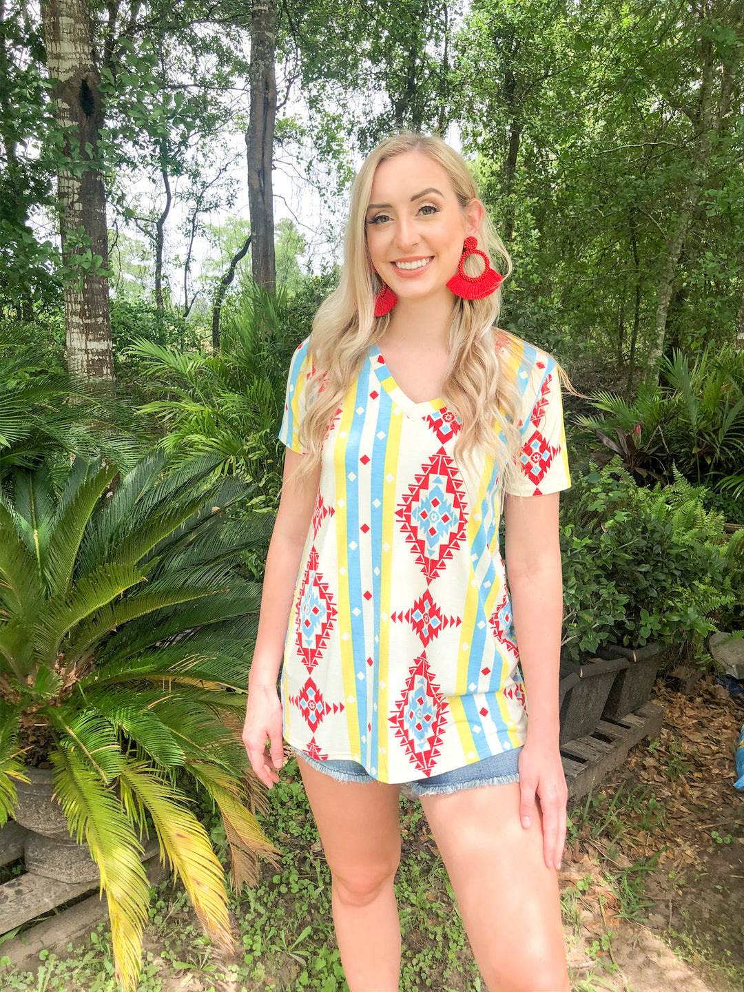 Last Chance Size Small & Medium | Keep Things Simple Striped Aztec Print V Neck Tee in Yellow and Turquoise - Giddy Up Glamour Boutique