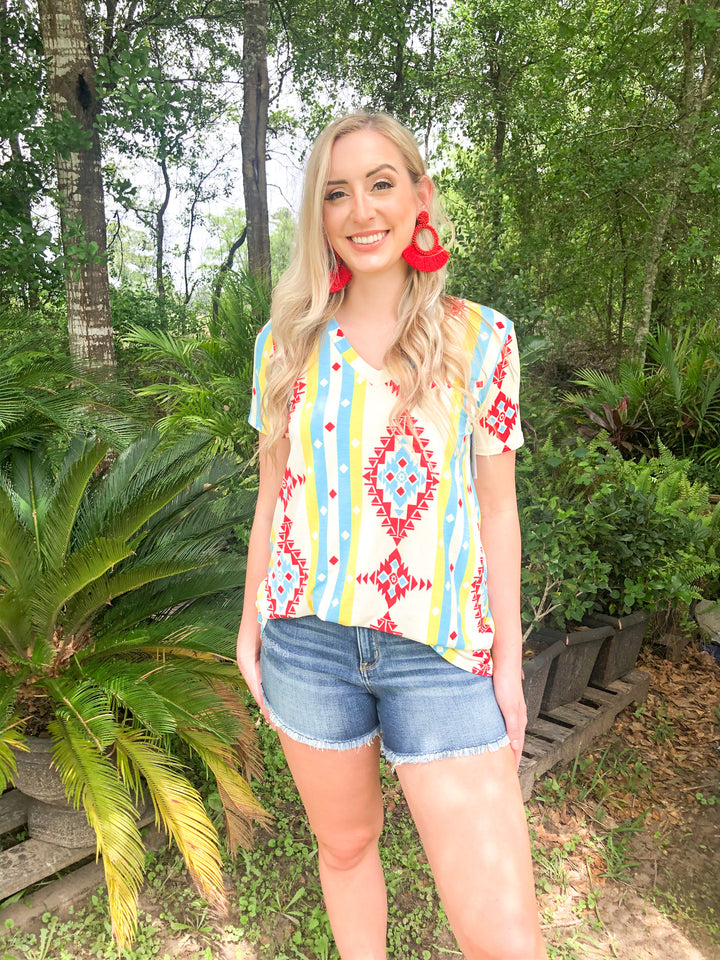Last Chance Size Small & Medium | Keep Things Simple Striped Aztec Print V Neck Tee in Yellow and Turquoise - Giddy Up Glamour Boutique