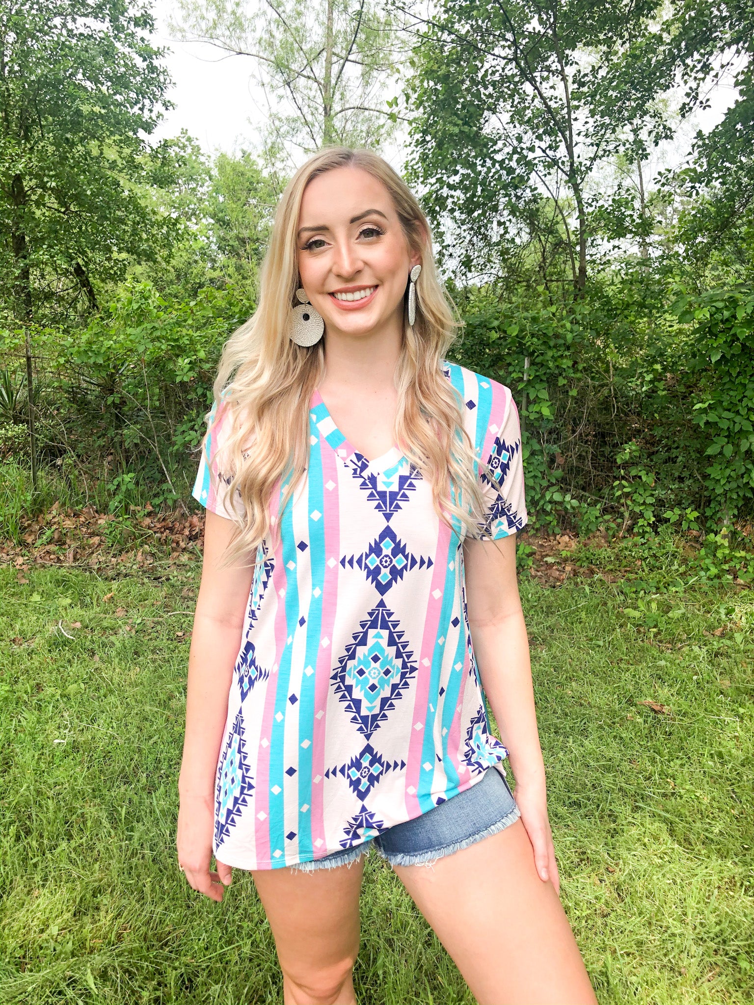 Keep Things Simple Striped Aztec Print V Neck Tee in Pink and Turquoise - Giddy Up Glamour Boutique