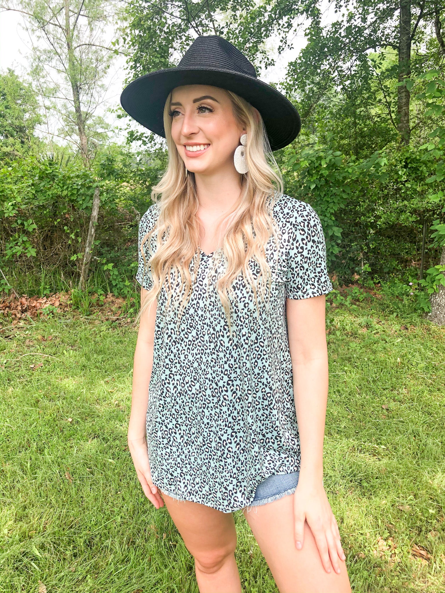 Last Chance Size Small | Keep Things Simple Cheetah V Neck Tee in Mint Blue - Giddy Up Glamour Boutique