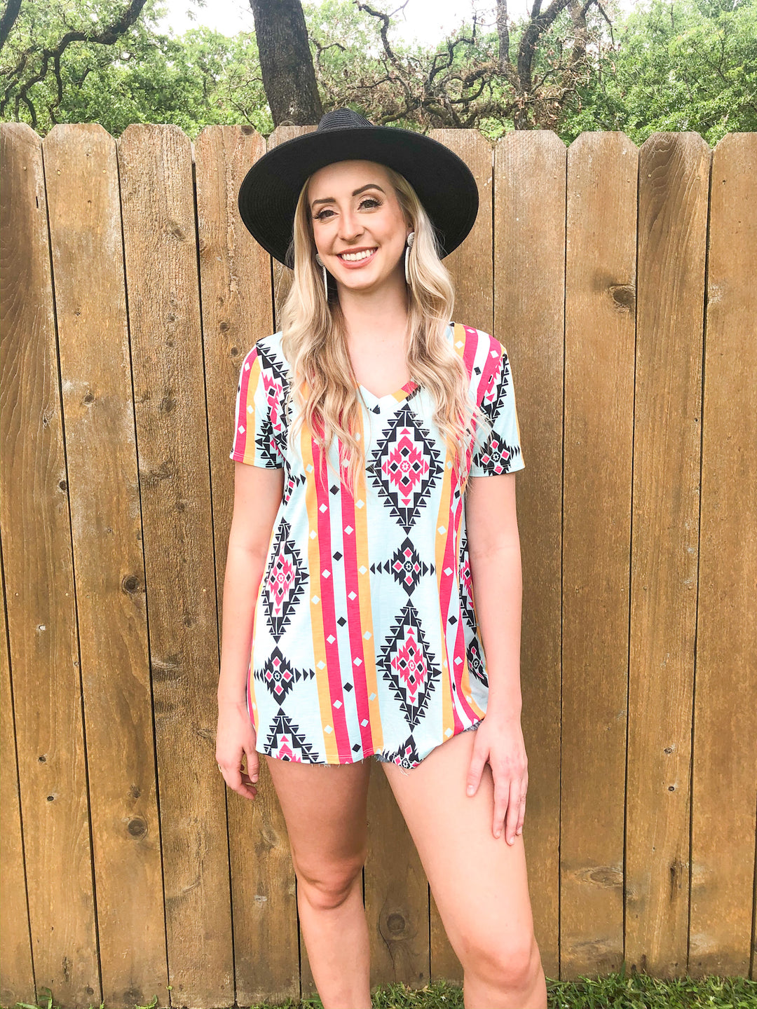 Last Chance Size Small | Keep Things Simple Striped Aztec Print V Neck Tee in Mint and Coral - Giddy Up Glamour Boutique