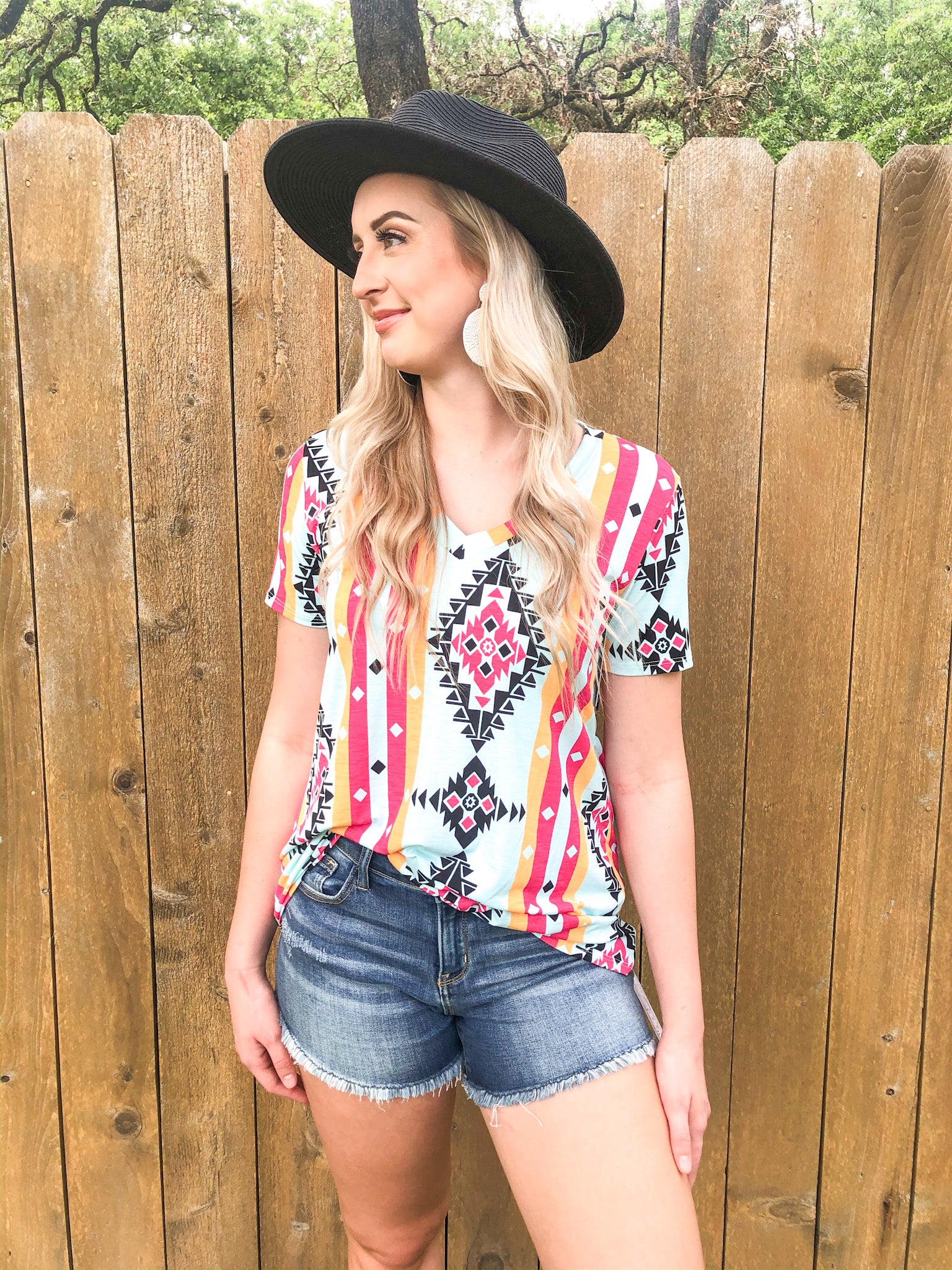 Last Chance Size Small | Keep Things Simple Striped Aztec Print V Neck Tee in Mint and Coral - Giddy Up Glamour Boutique