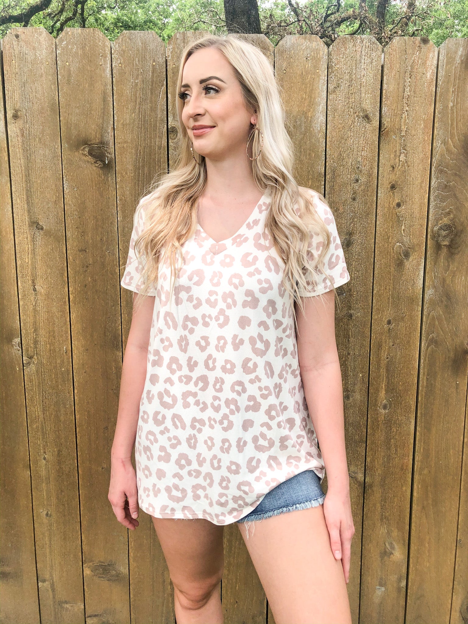 Keep Things Simple Leopard V Neck Tee Shirt in Blush Taupe - Giddy Up Glamour Boutique