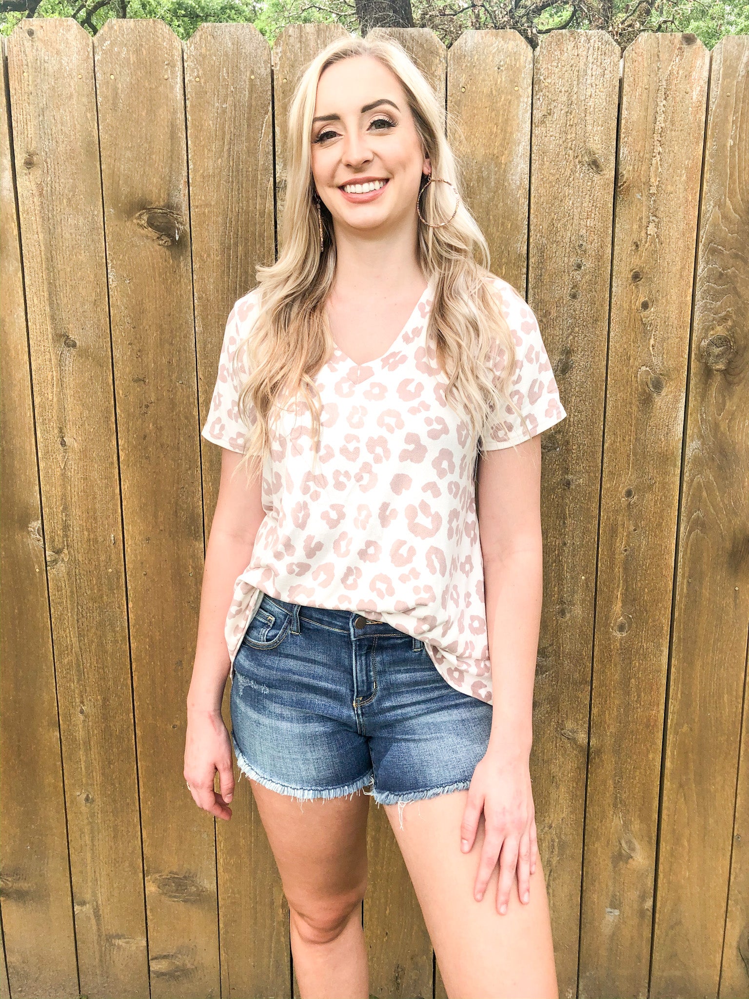Keep Things Simple Leopard V Neck Tee Shirt in Blush Taupe - Giddy Up Glamour Boutique