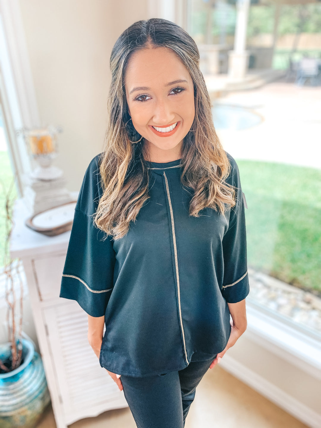 Last Chance Size Small & Med. | You've Got This Wide 3/4 Sleeve Top with Exposed Serged Seam in Black - Giddy Up Glamour Boutique