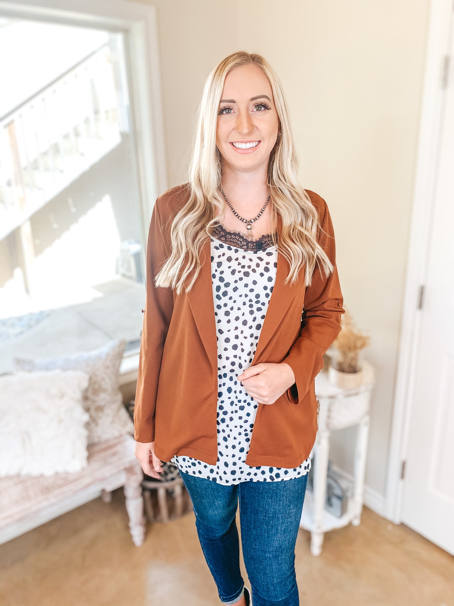Legally Blonde 3/4 Sleeve Open Front Collared Blazer in Chestnut Brown - Giddy Up Glamour Boutique