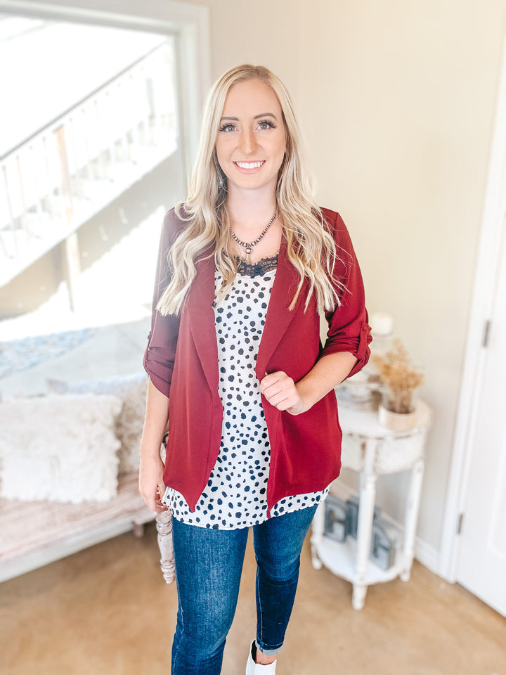 Legally Blonde 3/4 Sleeve Open Front Collared Blazer in Maroon - Giddy Up Glamour Boutique