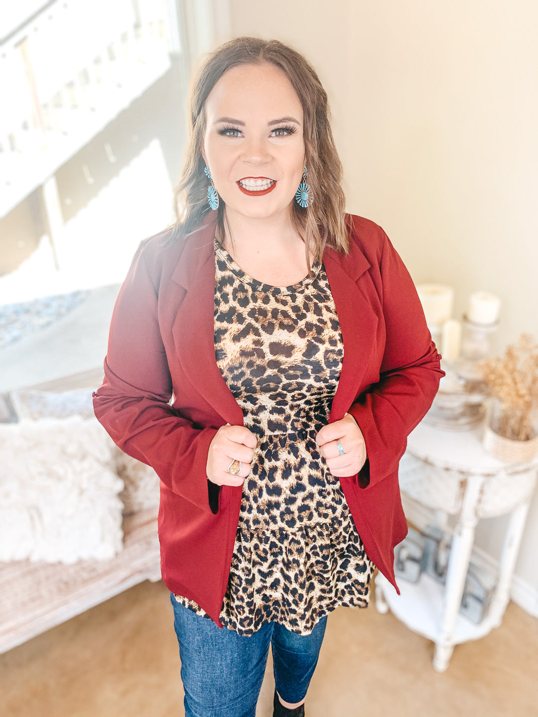 Legally Blonde 3/4 Sleeve Open Front Collared Blazer in Maroon - Giddy Up Glamour Boutique