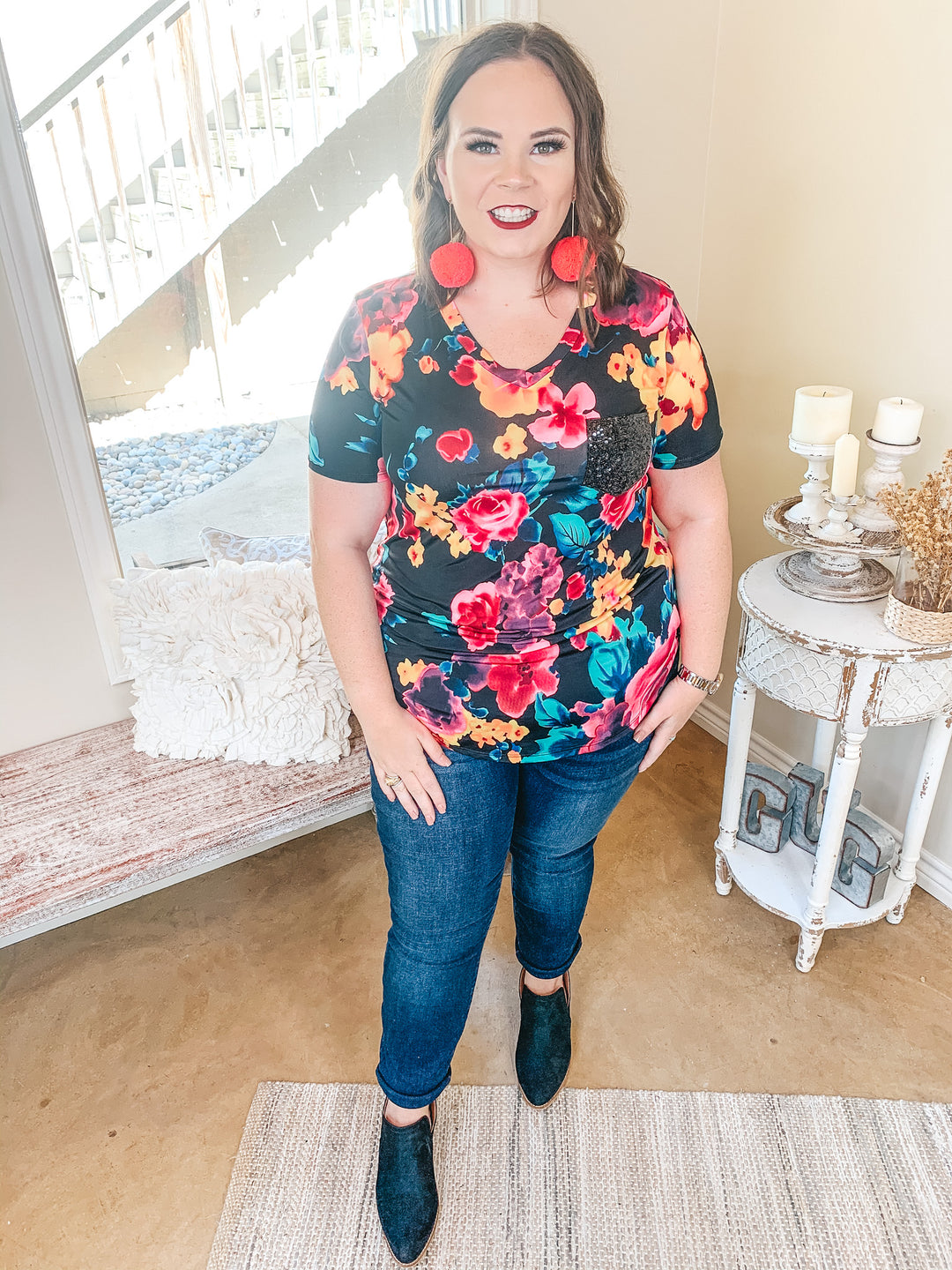 Last Chance Size S & M | Sparkle Just Right Floral Sequin Pocket Tee in Black - Giddy Up Glamour Boutique