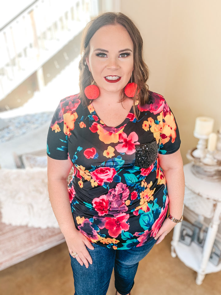 Last Chance Size S & M | Sparkle Just Right Floral Sequin Pocket Tee in Black - Giddy Up Glamour Boutique