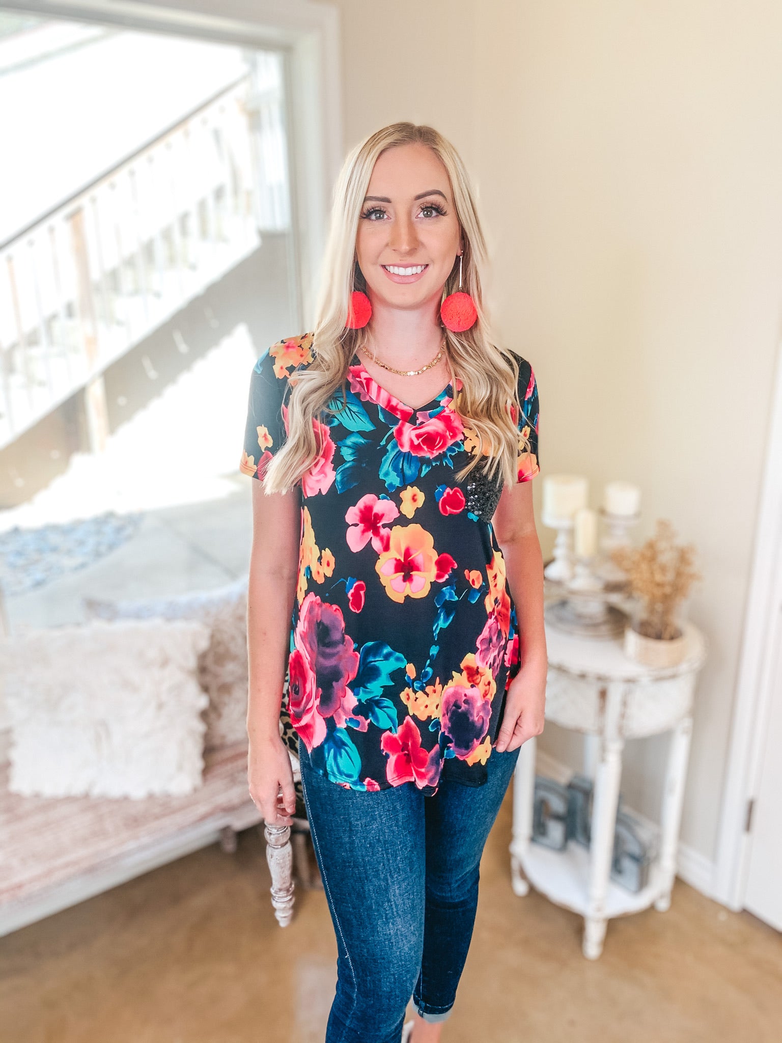 Last Chance Size S & M | Sparkle Just Right Floral Sequin Pocket Tee in Black - Giddy Up Glamour Boutique