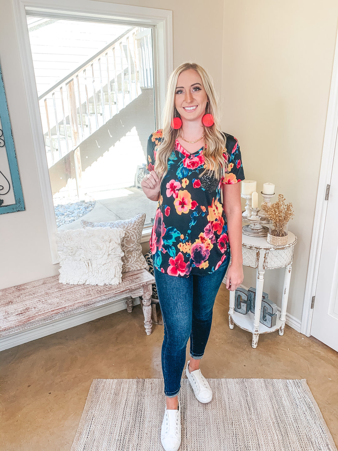 Last Chance Size S & M | Sparkle Just Right Floral Sequin Pocket Tee in Black - Giddy Up Glamour Boutique