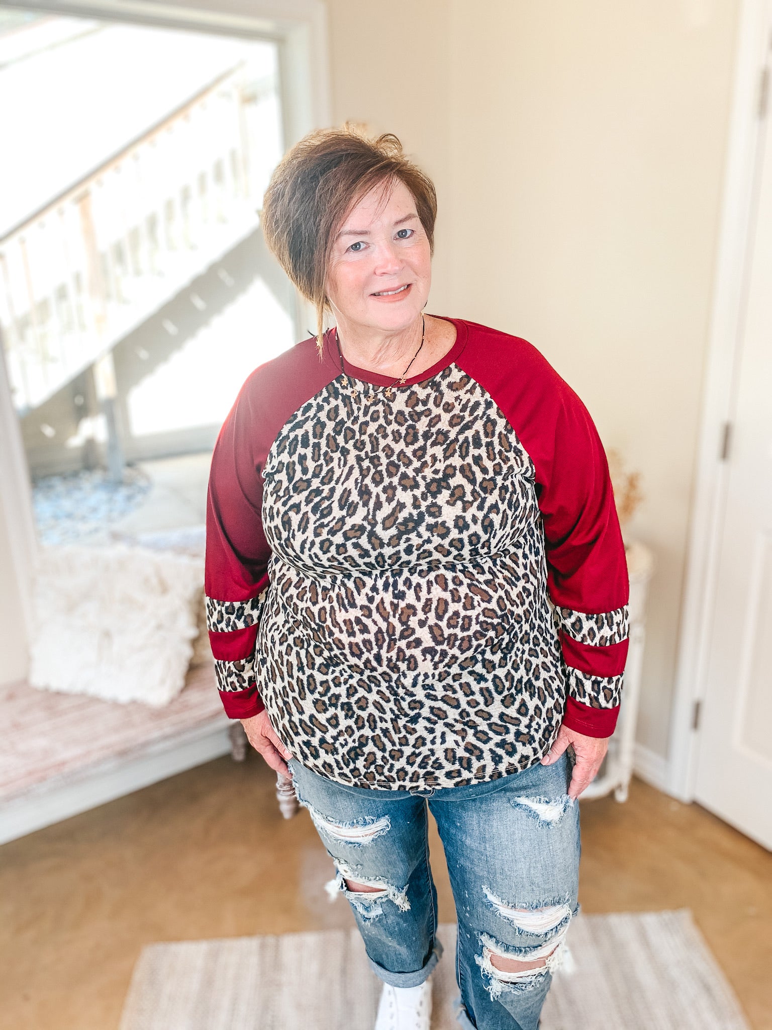 Earning Your Spots Leopard Long Sleeve Top with Color Block Sleeves in Maroon - Giddy Up Glamour Boutique
