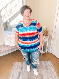 Last Chance Size S, M, & 3XL | Keep Things Simple Tie Dye Stripe V Neck Tee in Coral and Navy - Giddy Up Glamour Boutique