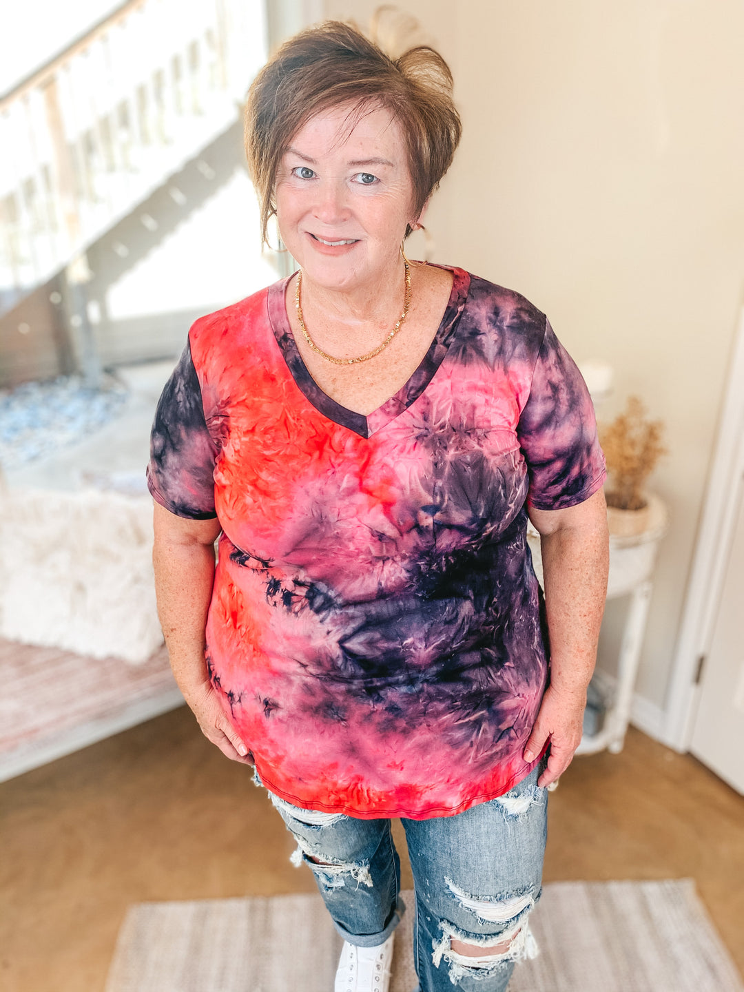 Last Chance Size S & M | Keep Things Simple Tie Dye V Neck Tee in Pink and Black - Giddy Up Glamour Boutique