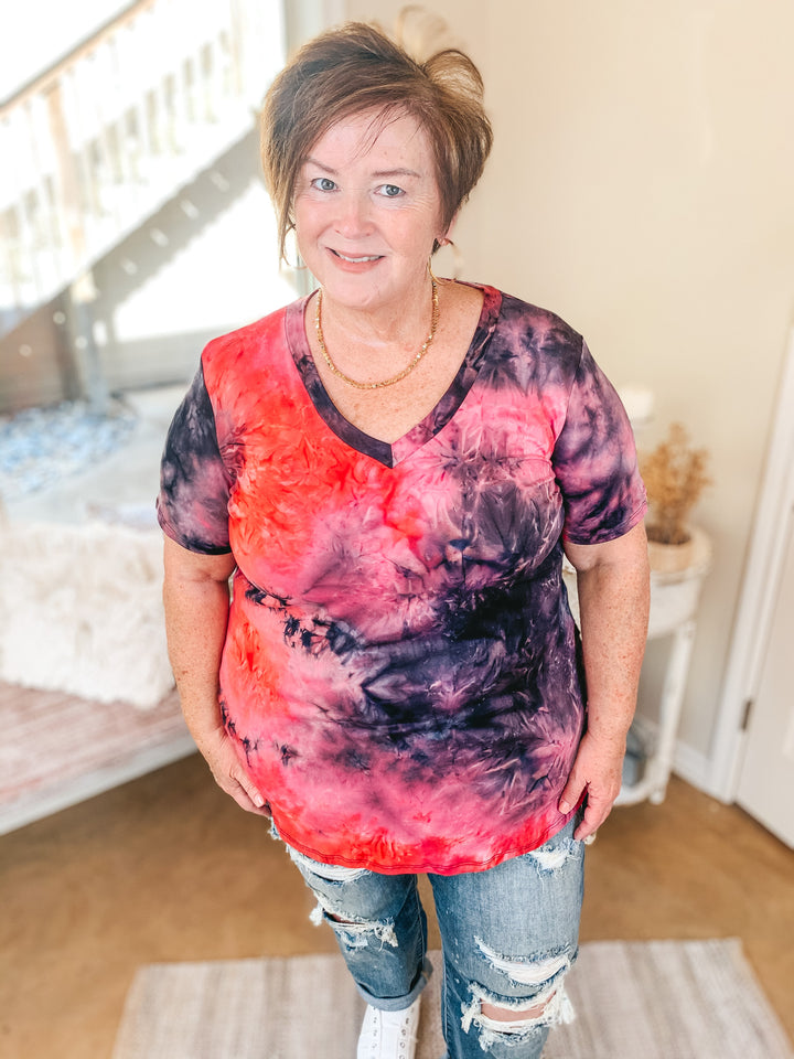 Last Chance Size S & M | Keep Things Simple Tie Dye V Neck Tee in Pink and Black - Giddy Up Glamour Boutique