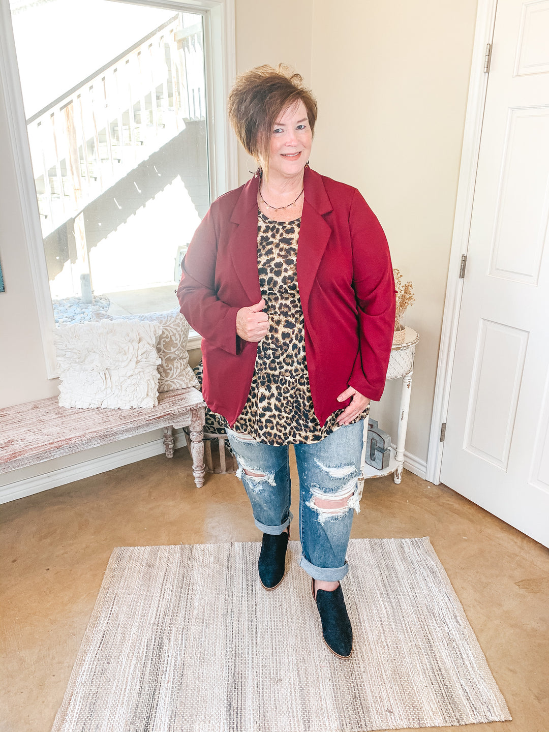 Legally Blonde 3/4 Sleeve Open Front Collared Blazer in Maroon - Giddy Up Glamour Boutique