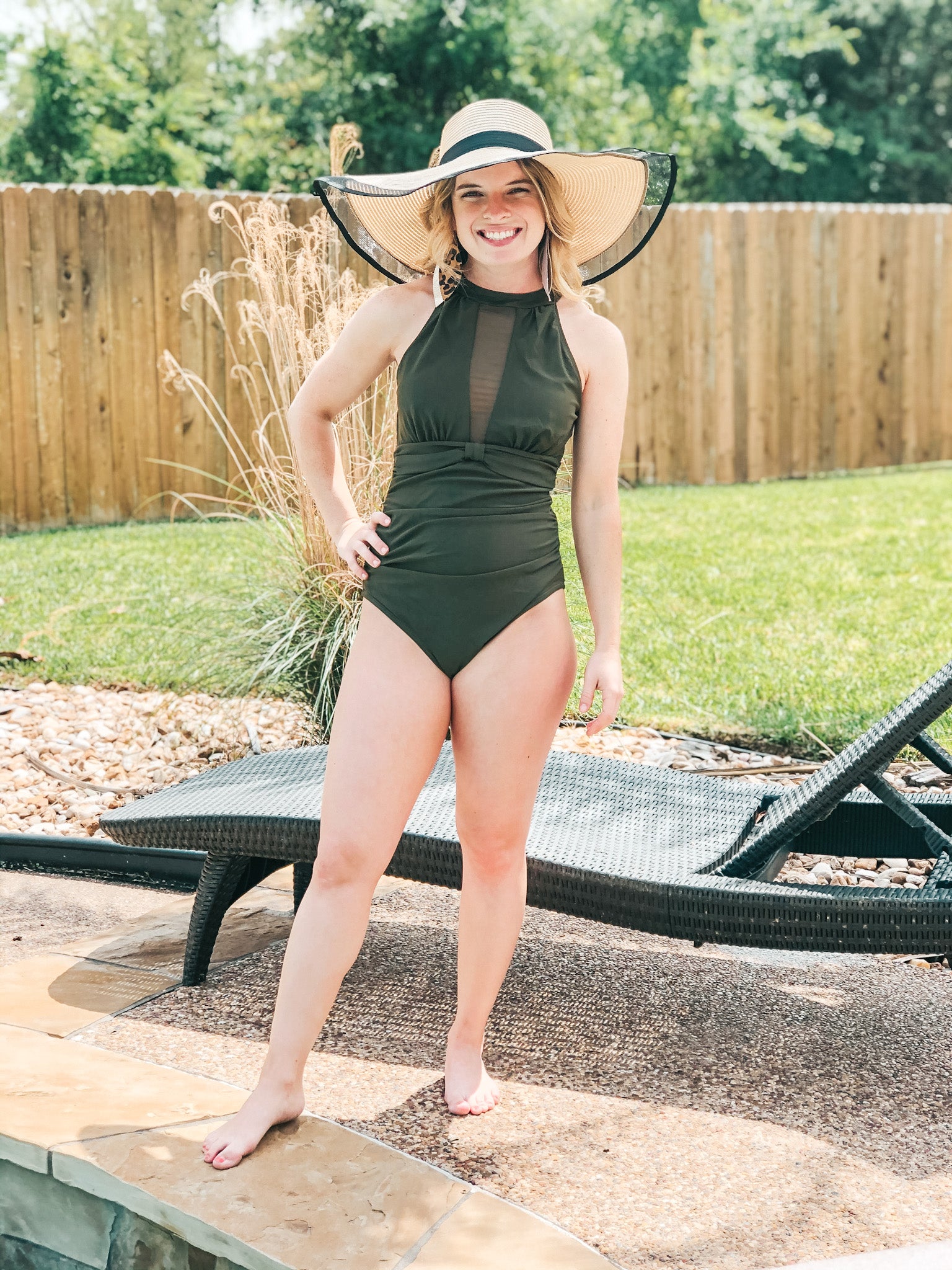 Last Chance Size Small | Coasting By High Neck One Piece Swimsuit with Mesh Inlay in Olive Green - Giddy Up Glamour Boutique