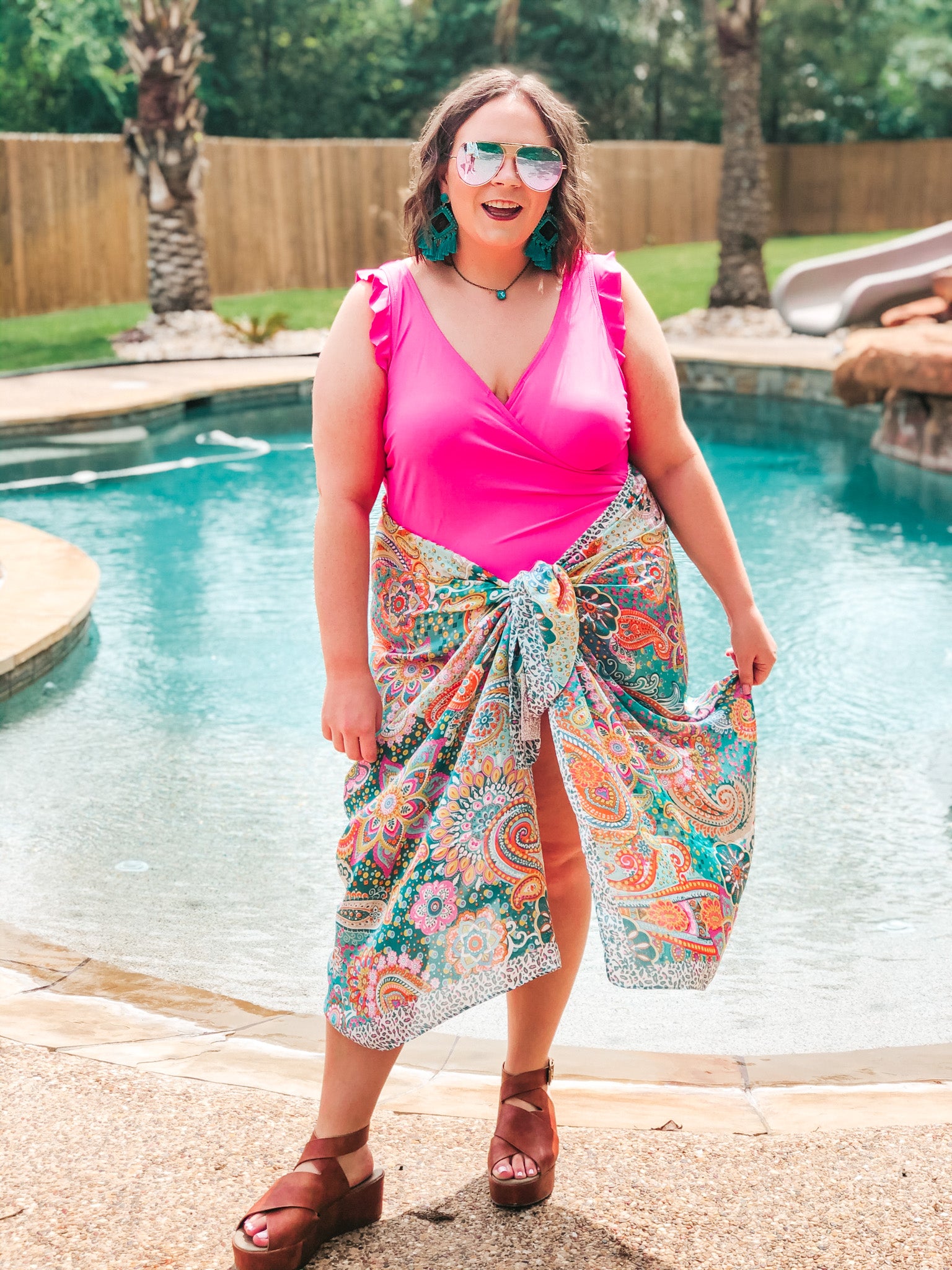Let's Wrap This Up Paisley Satin Sarong in Teal - Giddy Up Glamour Boutique