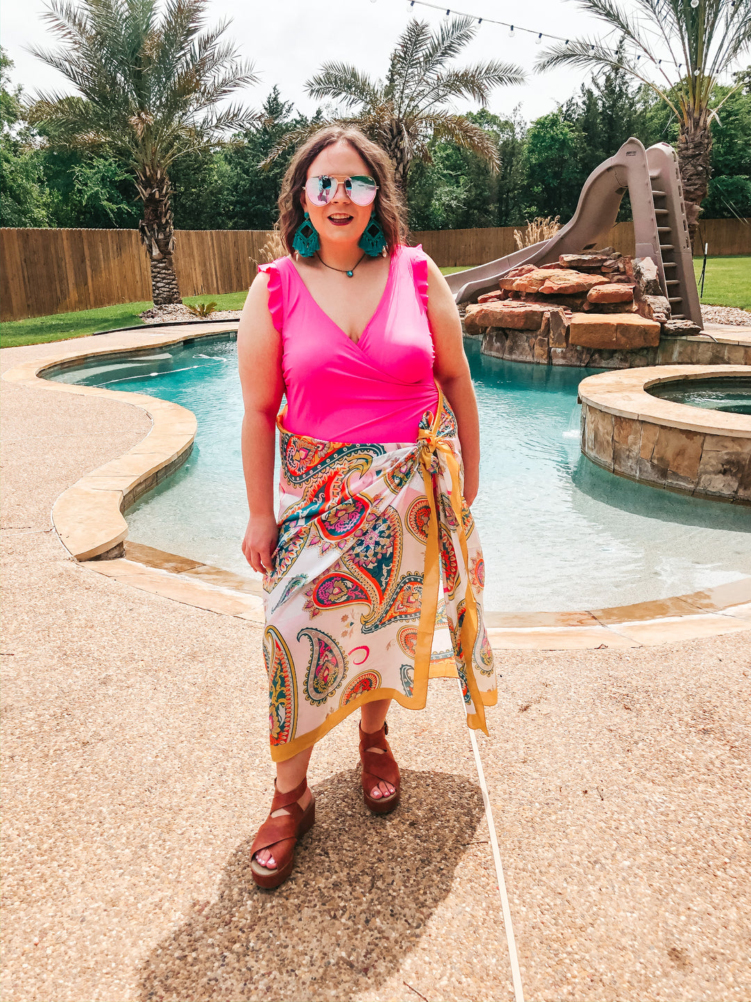 Let's Wrap This Up Large Paisley Satin Sarong with Mustard Trim - Giddy Up Glamour Boutique