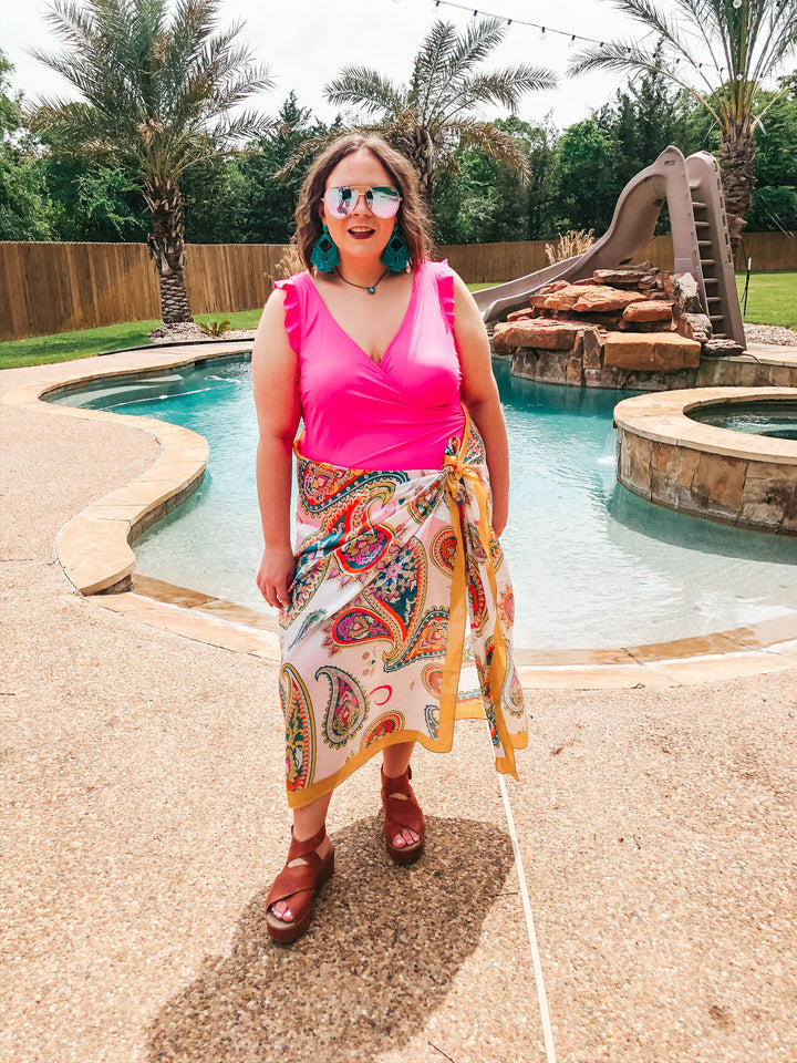 Let's Wrap This Up Large Paisley Satin Sarong with Mustard Trim - Giddy Up Glamour Boutique