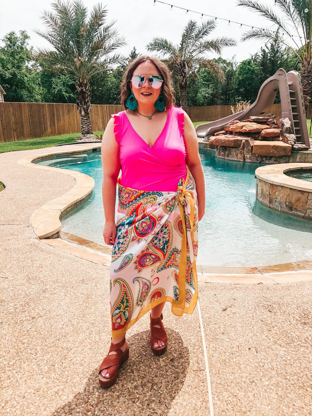 Let's Wrap This Up Large Paisley Satin Sarong with Mustard Trim - Giddy Up Glamour Boutique