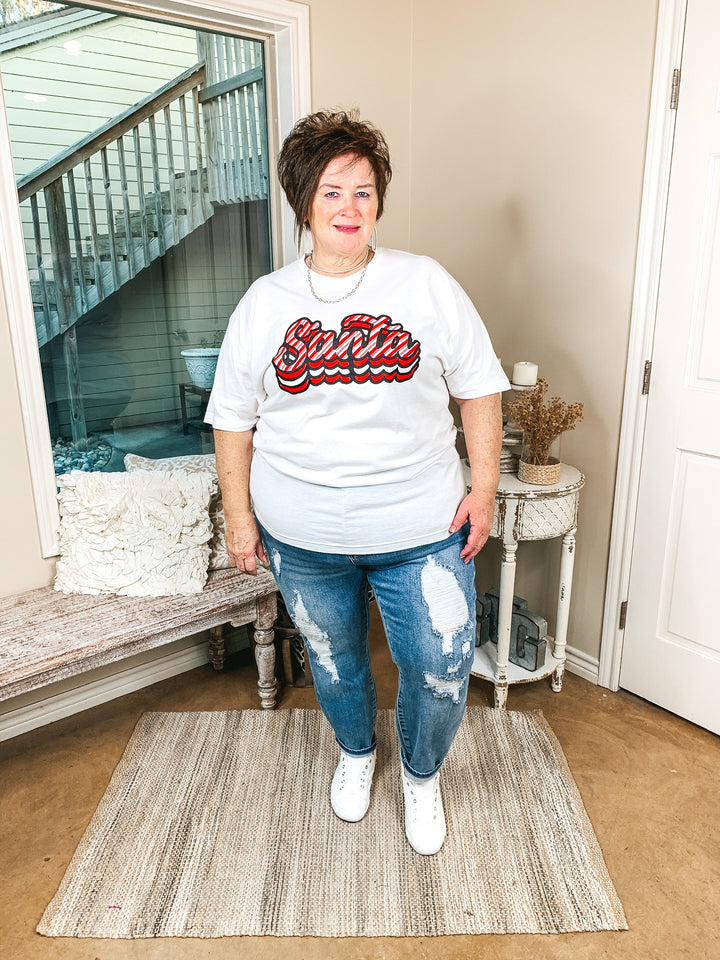 Candy Cane Stripe Retro Santa Graphic Tee in White - Giddy Up Glamour Boutique